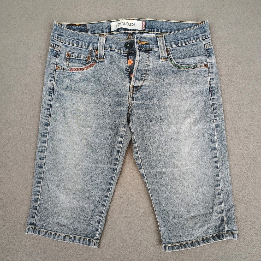 Y2K Levis Low Rise Slouchy Denim Bermuda Shorts Women 5 (8) Blue Button Fly